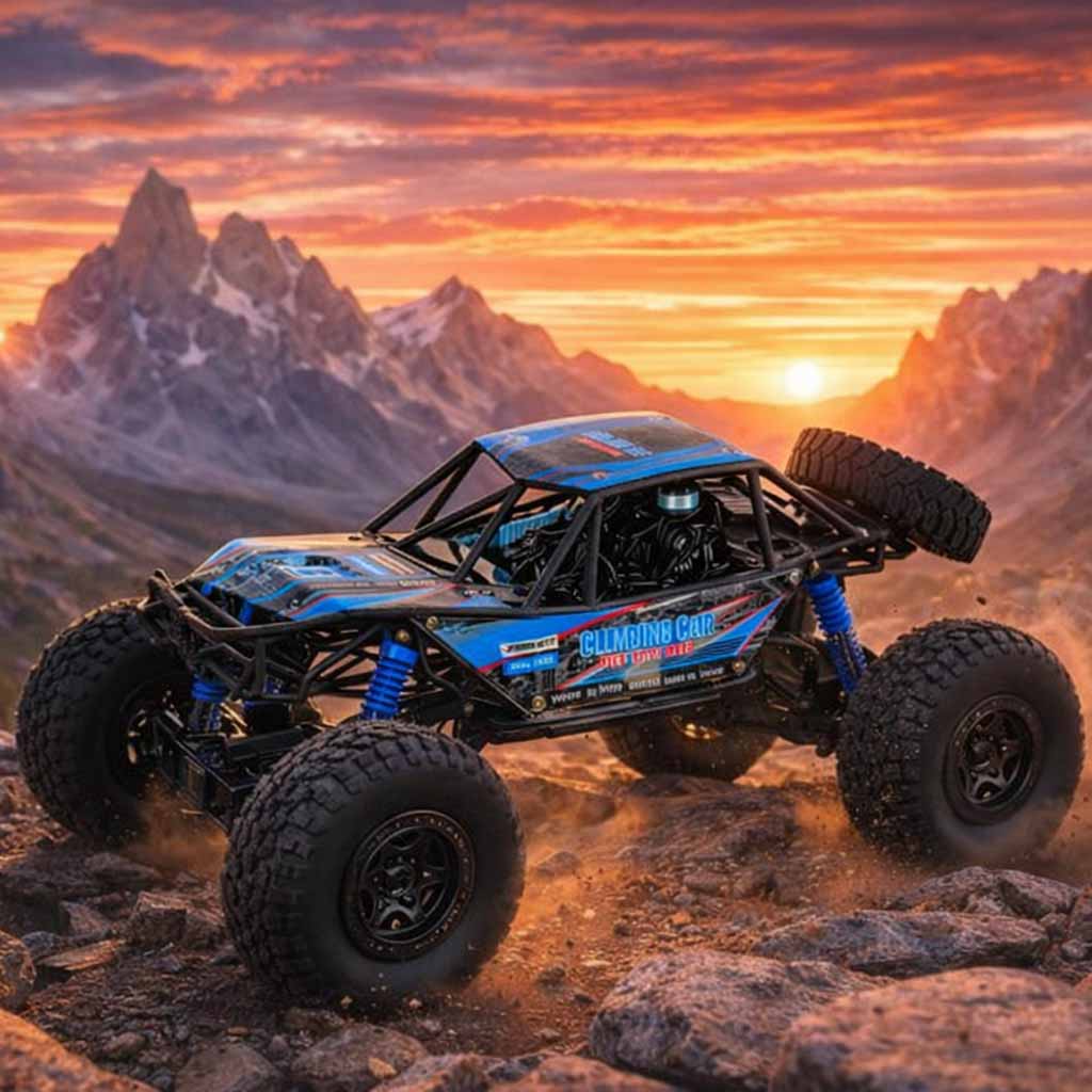 Zils RC bezceļu auto kalnos saulrieta laikā