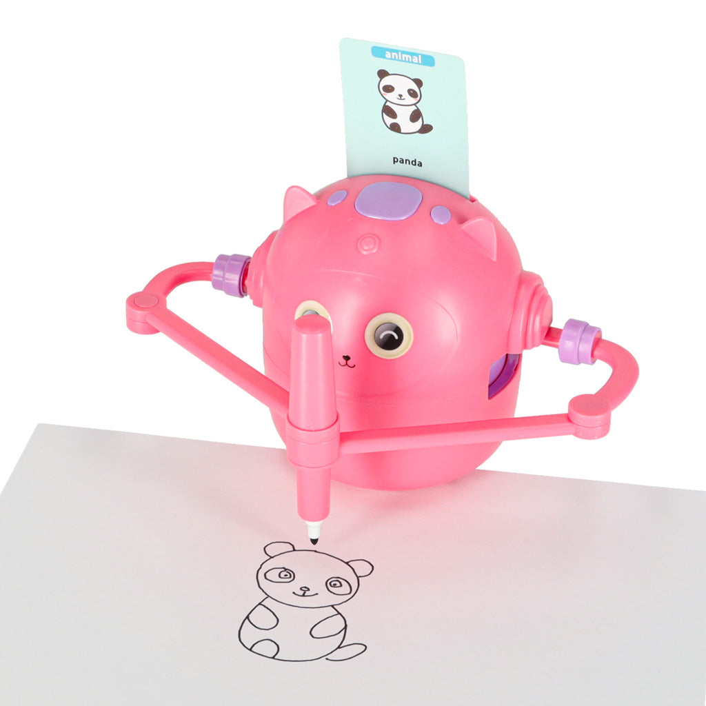 Zīmējošs robots bērniem rozā krāsā ar kartīti un pandas zīmējumu