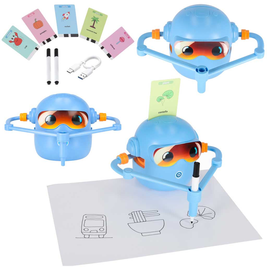 Zīmējošs robots bērniem zilā krāsā ar kartītēm, marķieriem un zīmējumu piemēriem
