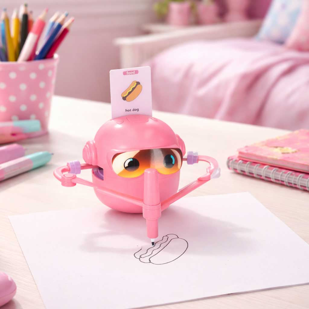 zīmēšanas robots bērniem zīmē hotdogu uz papīra