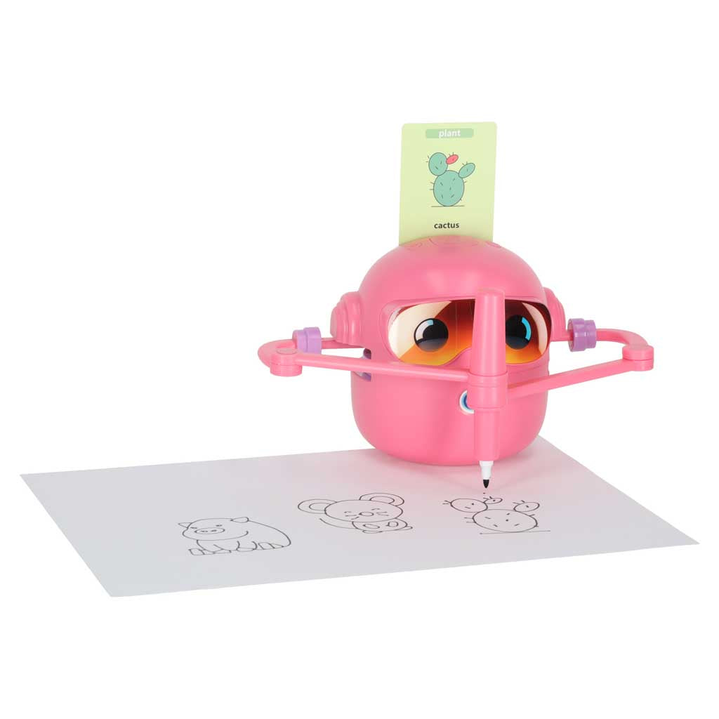 zīmēšanas robots bērniem rozā krāsā zīmē uz papīra
