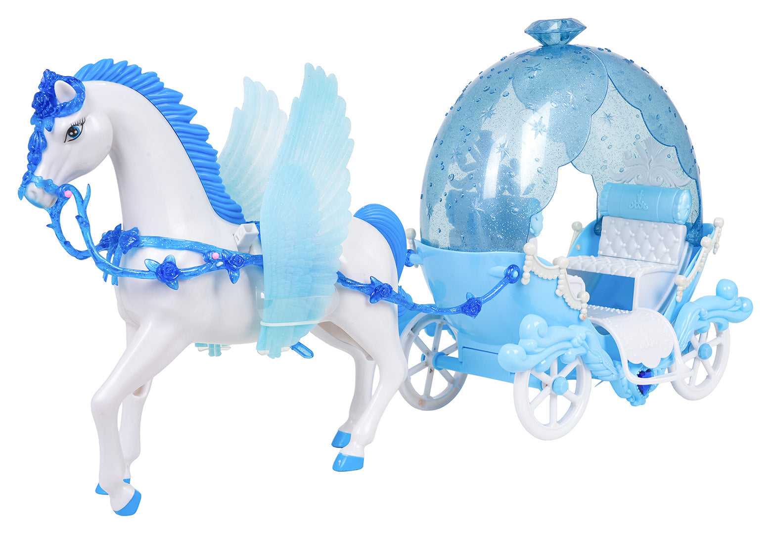 Balts spārnains zirdziņš ar zilām iejūgām un prinču karieti, rotaļlietu komplekts 3+