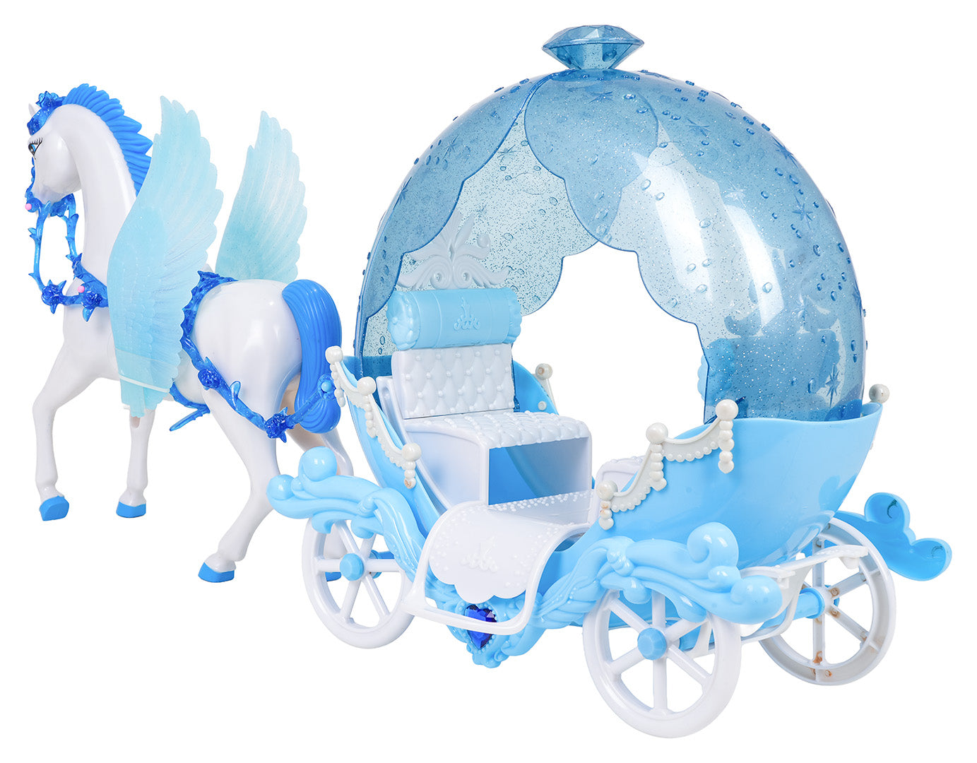 Balts rotaļzirdziņš ar spārniem un zilu pasaku karieti bērniem, 3+